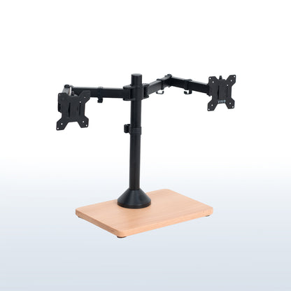 Dual monitor mount desk stand with wooden base. Featuring height adjustment, tilt, swivel, rotation, and built-in cable management.