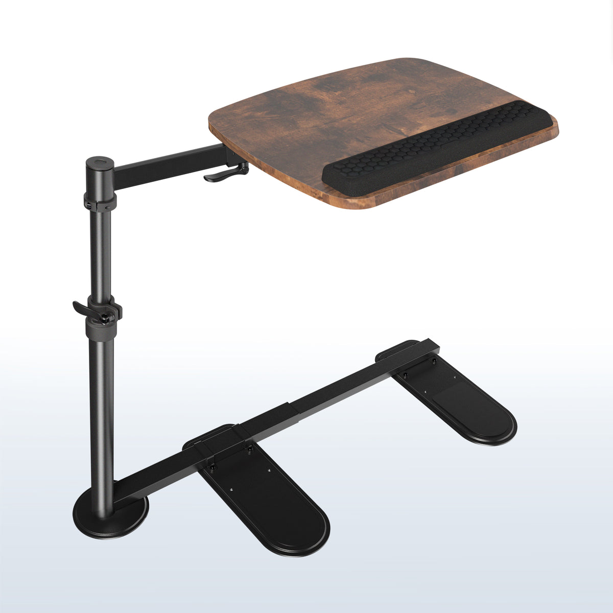 Adjustable swivel couch desk with a vintage brown wooden top, black arm, and black metal base with footrests, shown on a light blue gradient background.