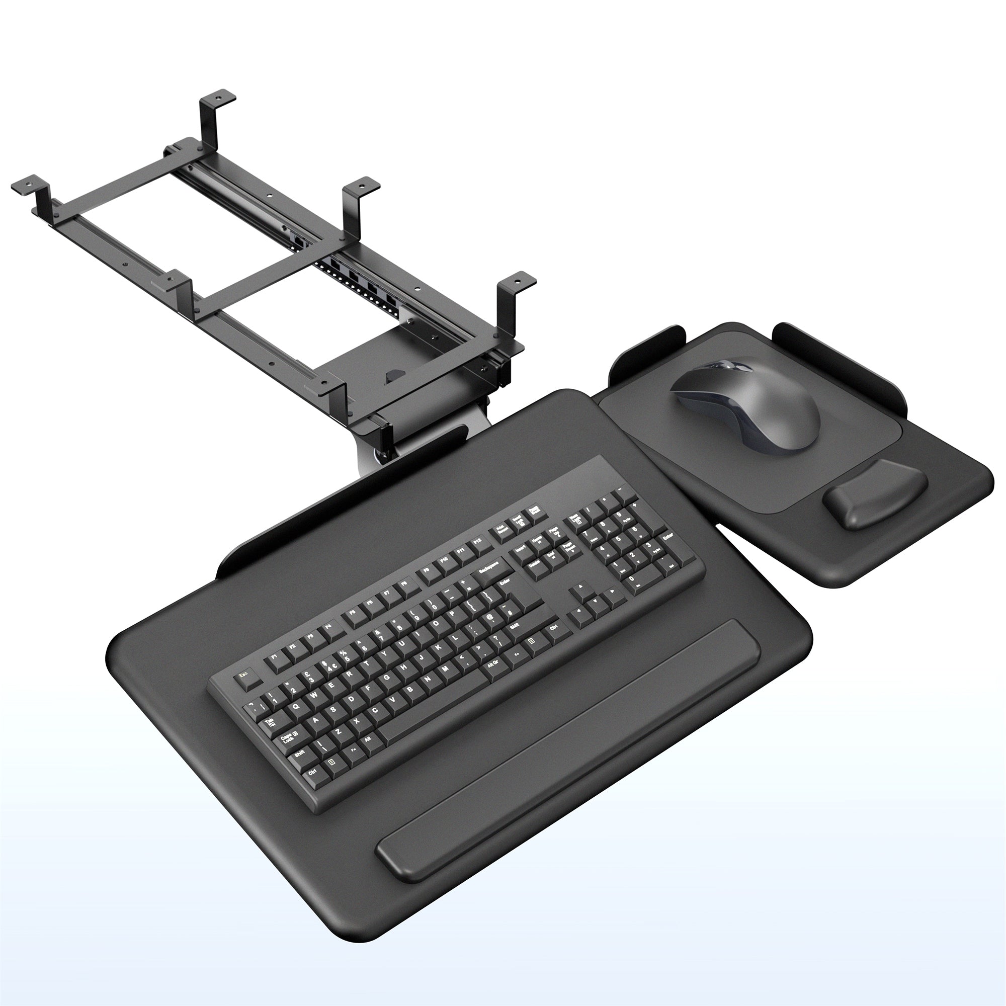 Black  keyboard tray, mouse pad, and monitor stand on a white background