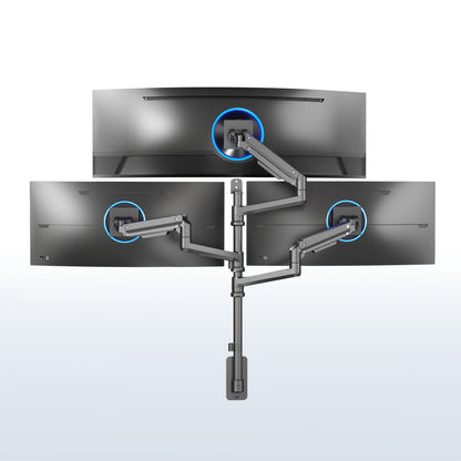 Monitor arm holding three monitors on a white background