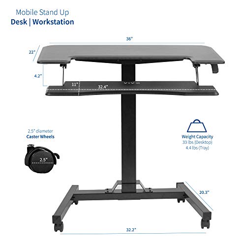 Black mobile desk with dual tire table top and caster wheels.