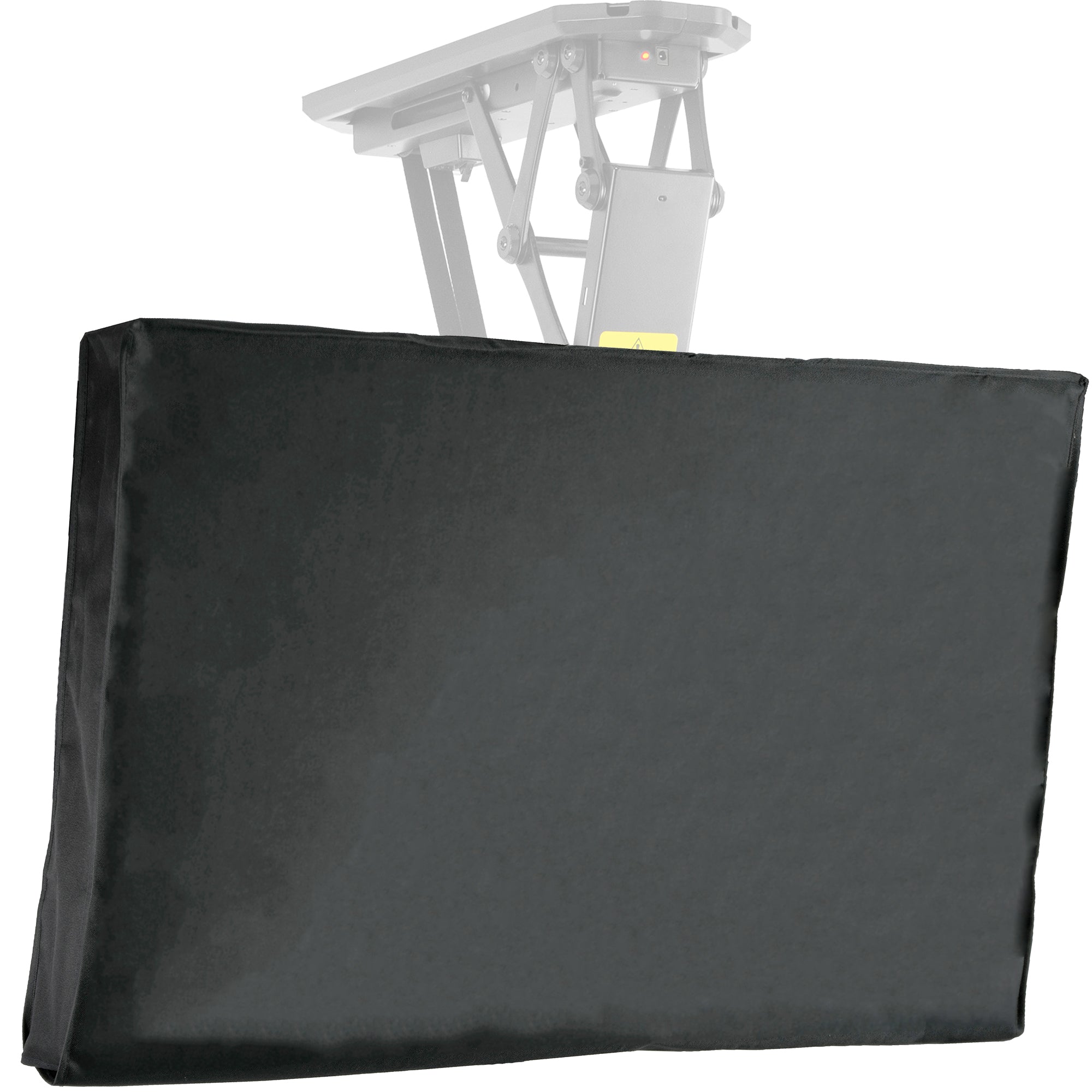 A black TV cover fitted over a ceiling mount TV with a visible mounting mechanism.