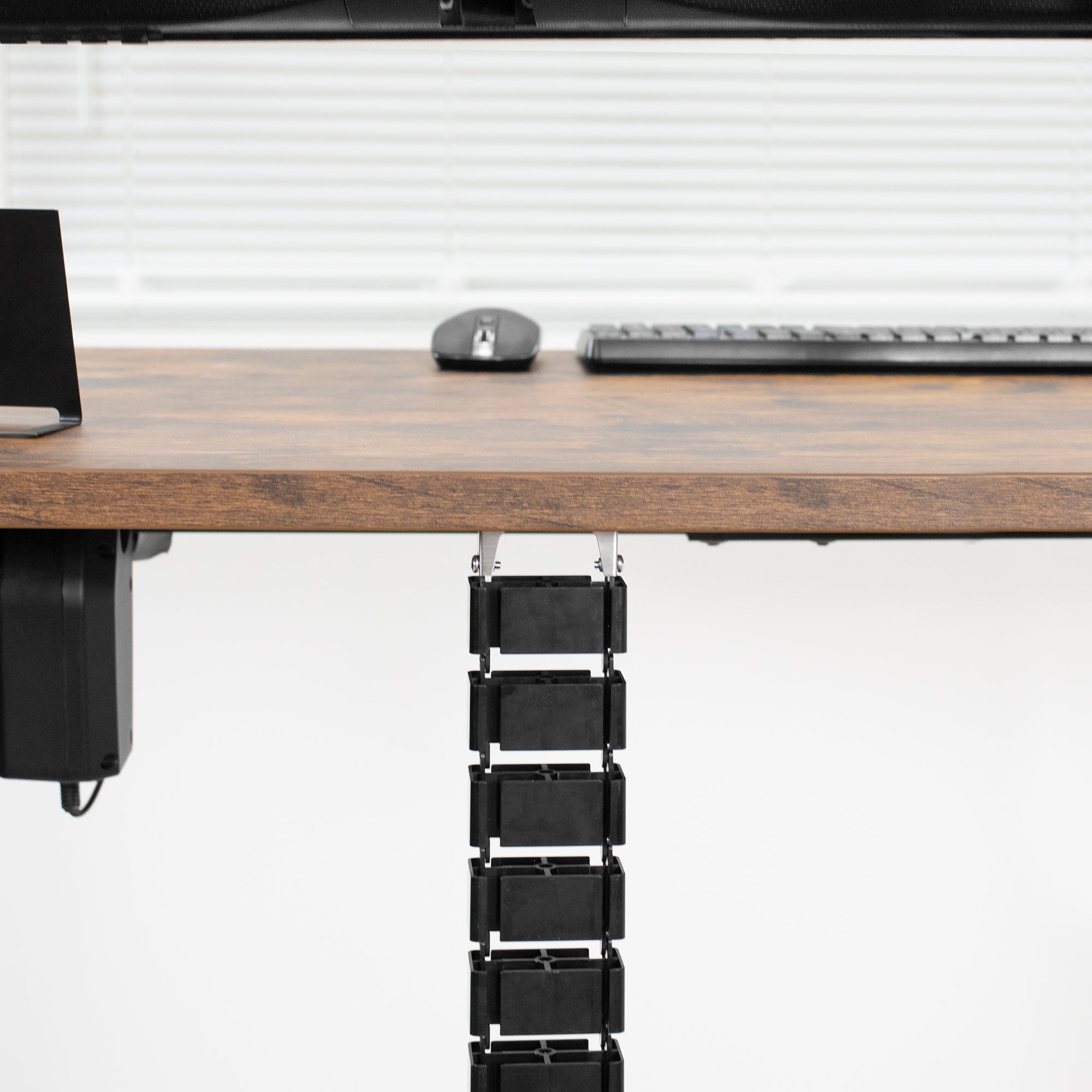 Vertebrae cable management attached to a walnut-colored desktop.