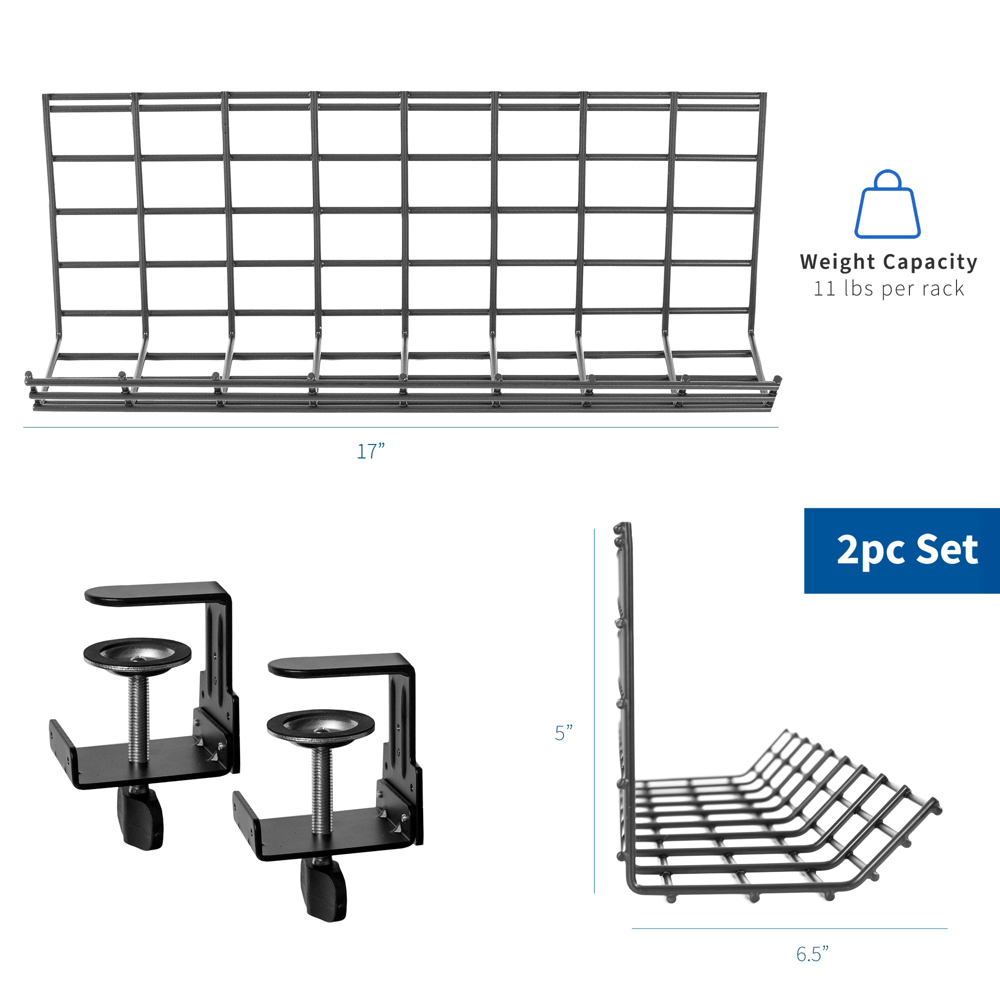 Clamp-on desk cable management organizer hanging racks.