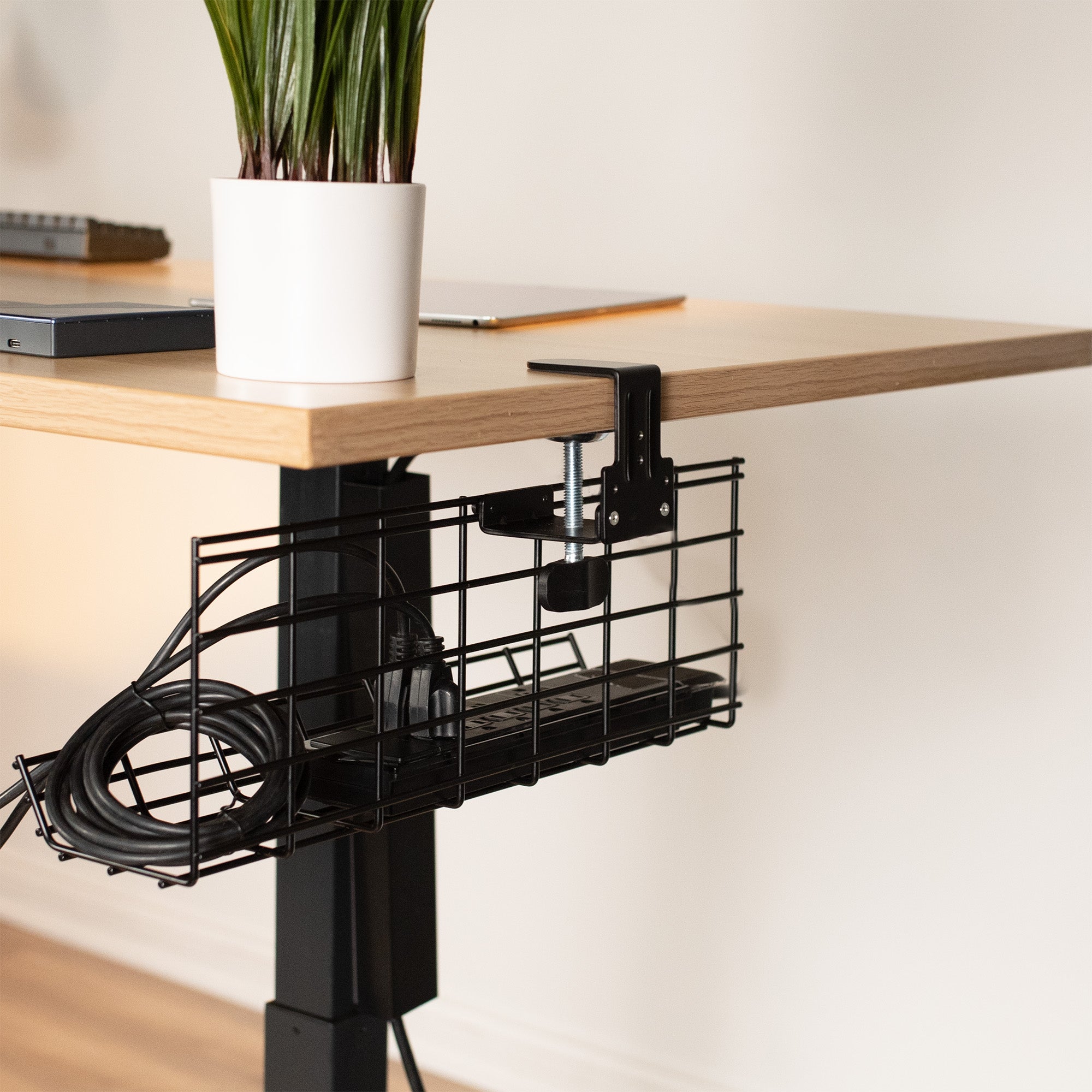 Clamp-on desk cable management organizer hanging racks.