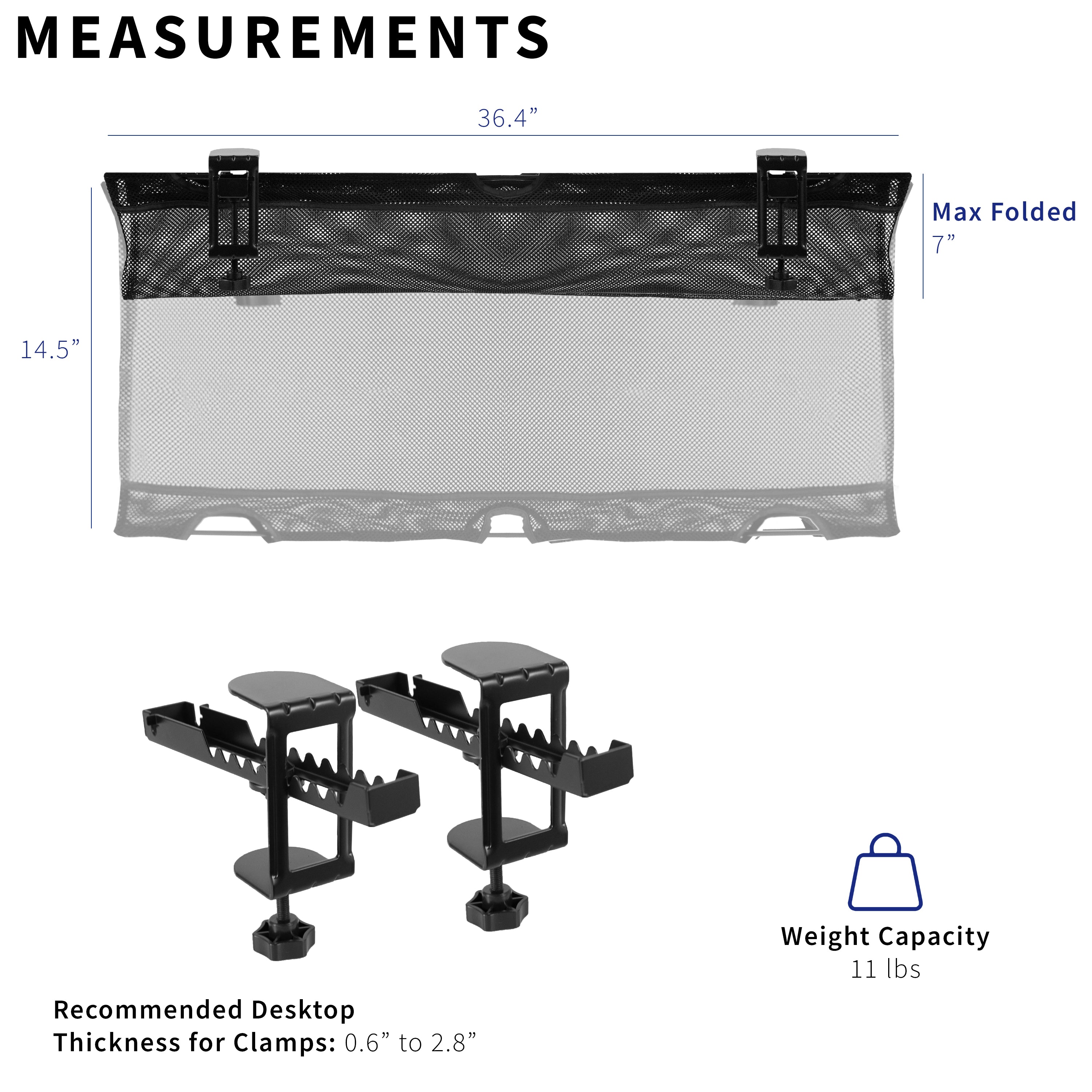 Recommended desktop thickness and hefty weight capacity.