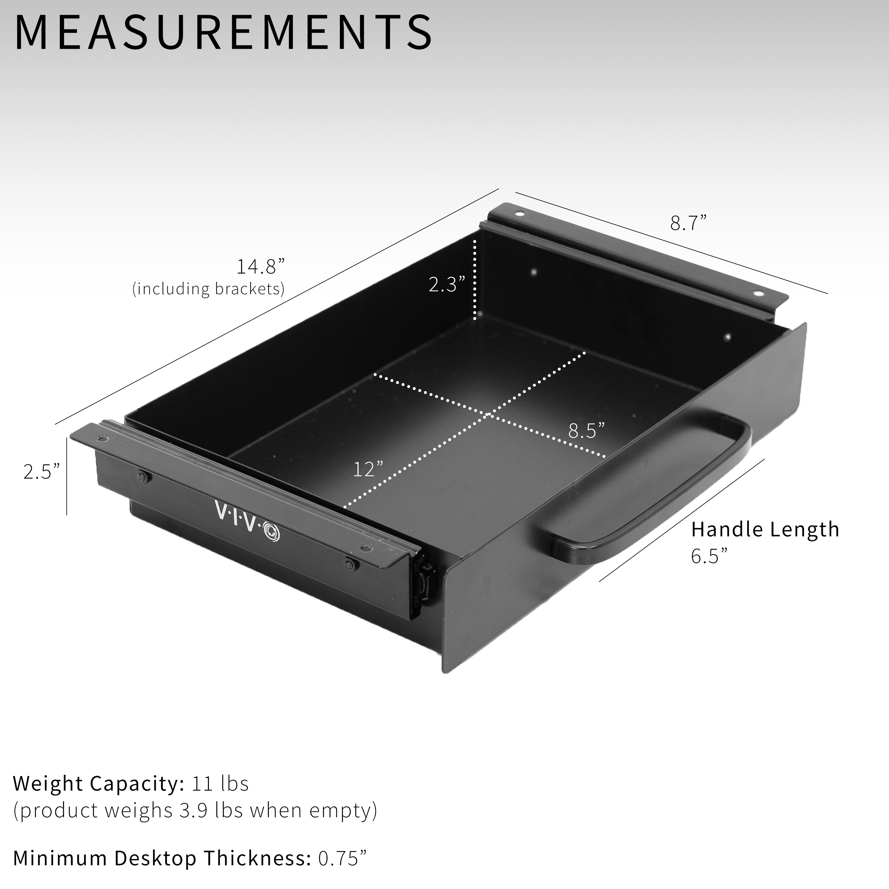 Low profile 13 inch under desk drawer with pull handle for convenient storage and organization.