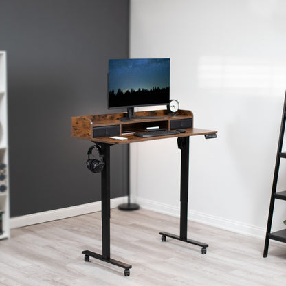 Rustic dual tier height adjustable mobile electric desk with storage drawers.