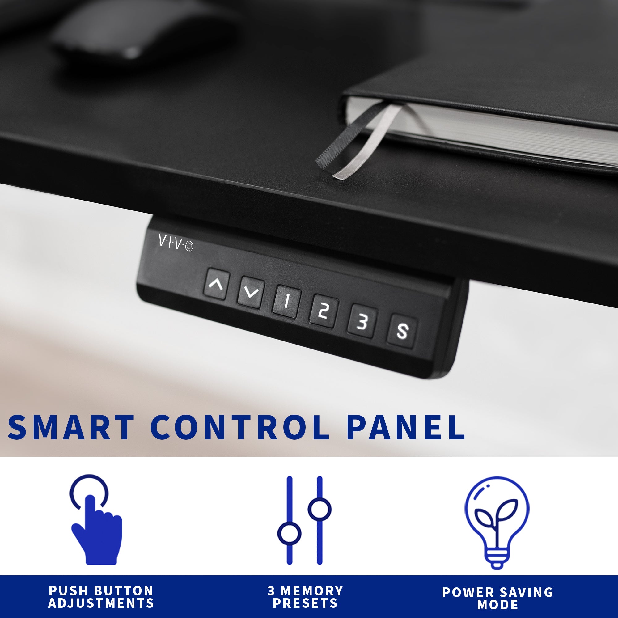 Dual tier height adjustable mobile electric desk with storage drawers and smart control panel.