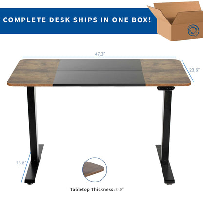 Sturdy rustic electric sit or stand desk workstation with adjustable height.