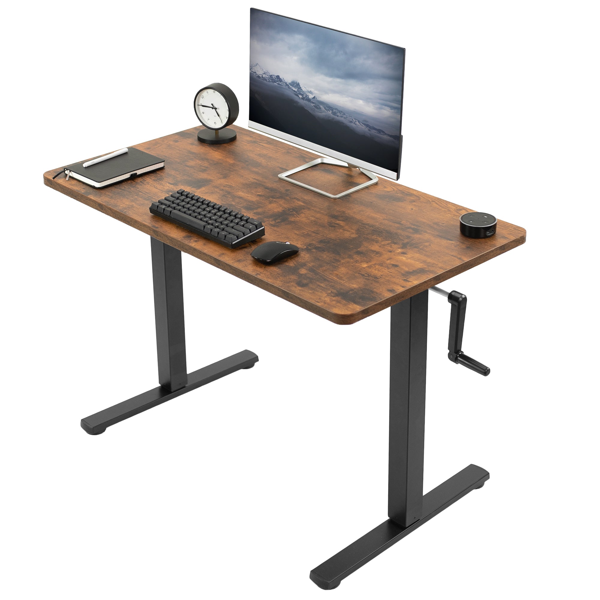 Manual hand crank rustic height adjustable desk for active sit to stand workstation.