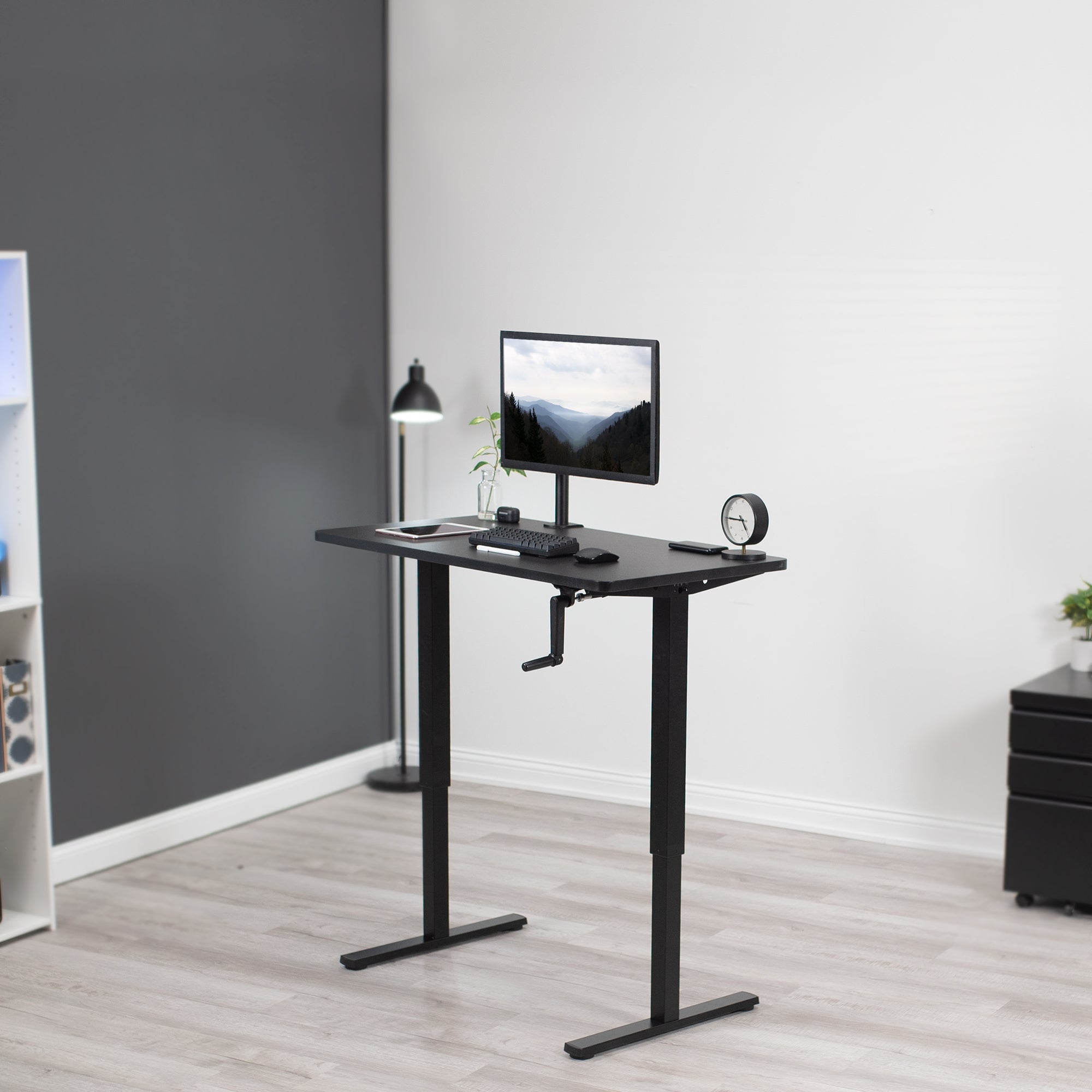 Desk placed diagonally in a modern office room.