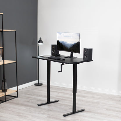 Desk placed diagonally in a modern office room.