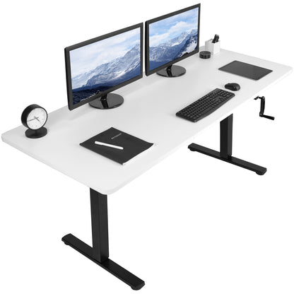 Wide surface sturdy sit or stand active workstation with adjustable height using manual hand crank.