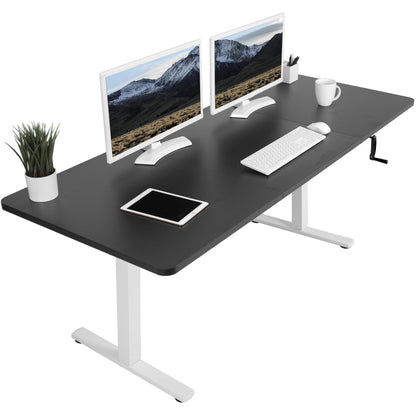 Wide surface sturdy sit or stand active workstation with adjustable height using manual hand crank.