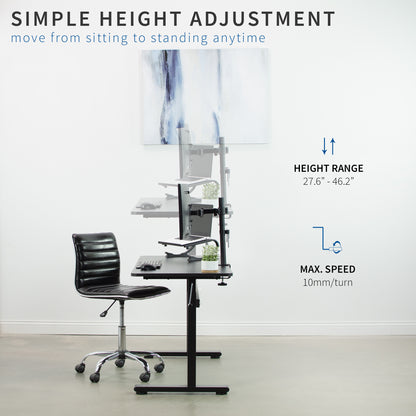 Simple hand crank height adjustment along the side of the desk.