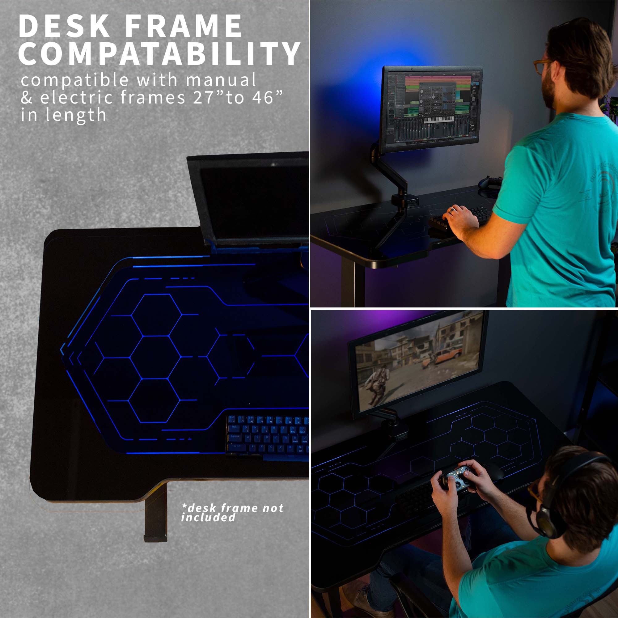 Sturdy RGB lighting gaming tabletop desktop with color changing remote controlled LED lights under tempered glass tabletop surface.