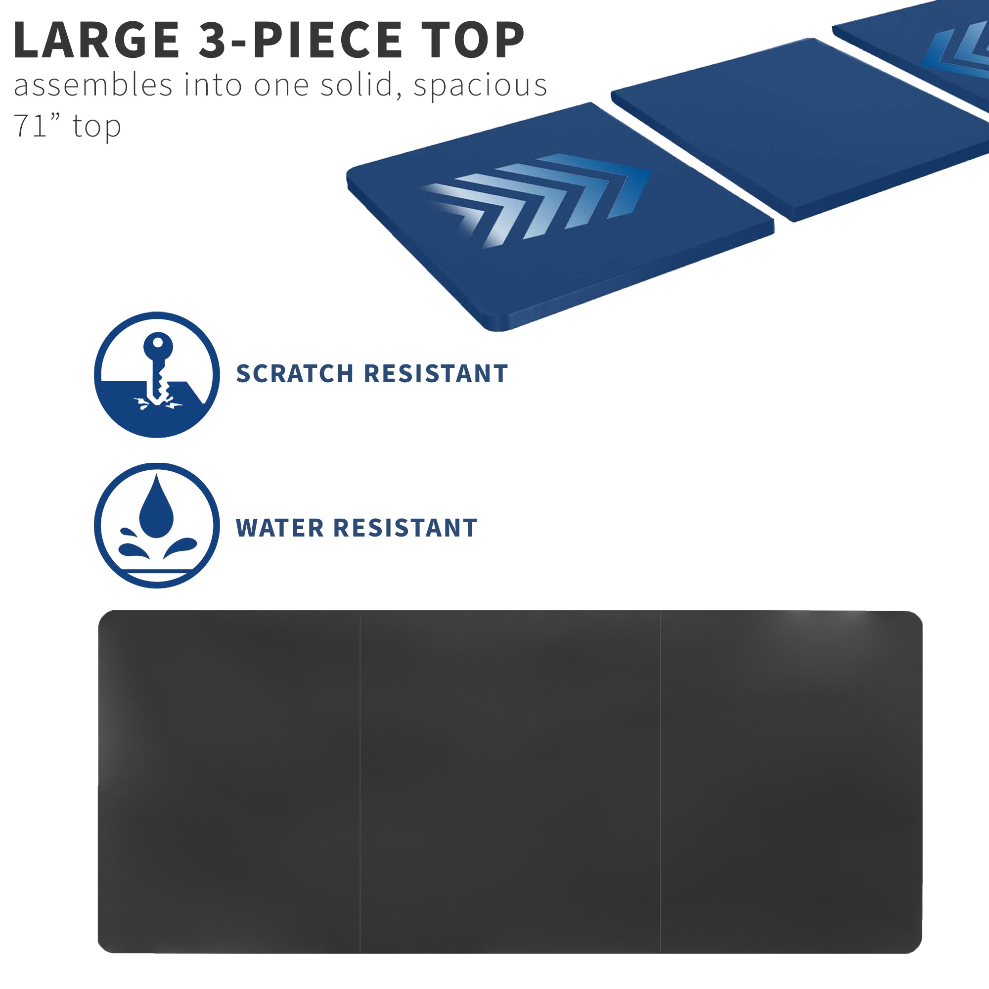 Durable wide surface sit to stand desk tabletop workstation with scratch resistant and water resistant 3 piece top.