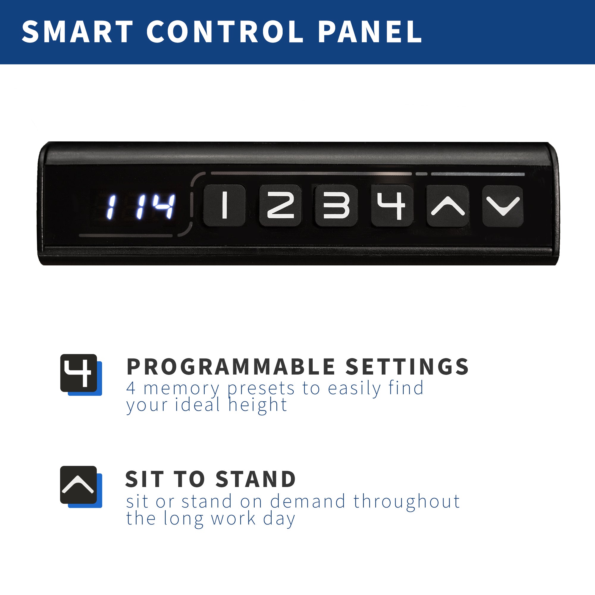 Sturdy ergonomic sit or stand desk frame for active workstation with adjustable height using smart control panel including memory settings.