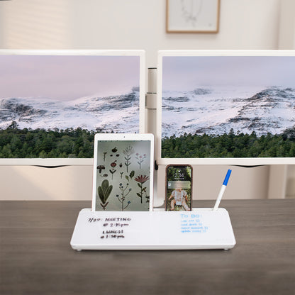 Top of desk storage drawer with device slot. 