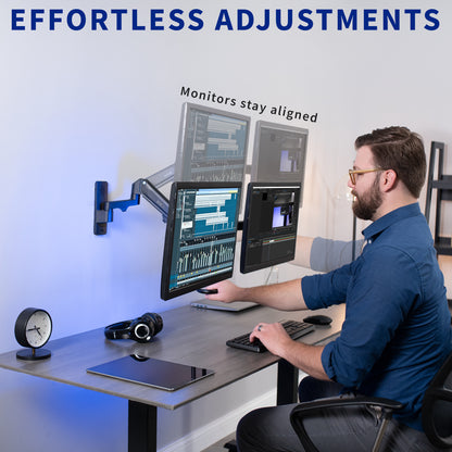 Dual Monitor Pneumatic Wall Mount for ergonomic viewing angles.