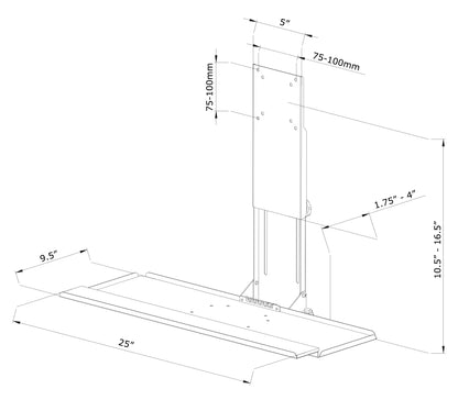 Blueprint and specification of lengths, width, and height of VESA mounting keyboard tray.