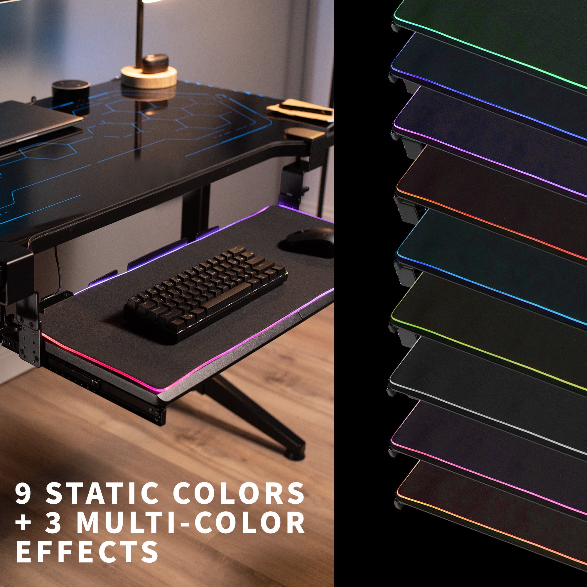 Clamp-on height adjustable pullout keyboard tray attachment with color options.