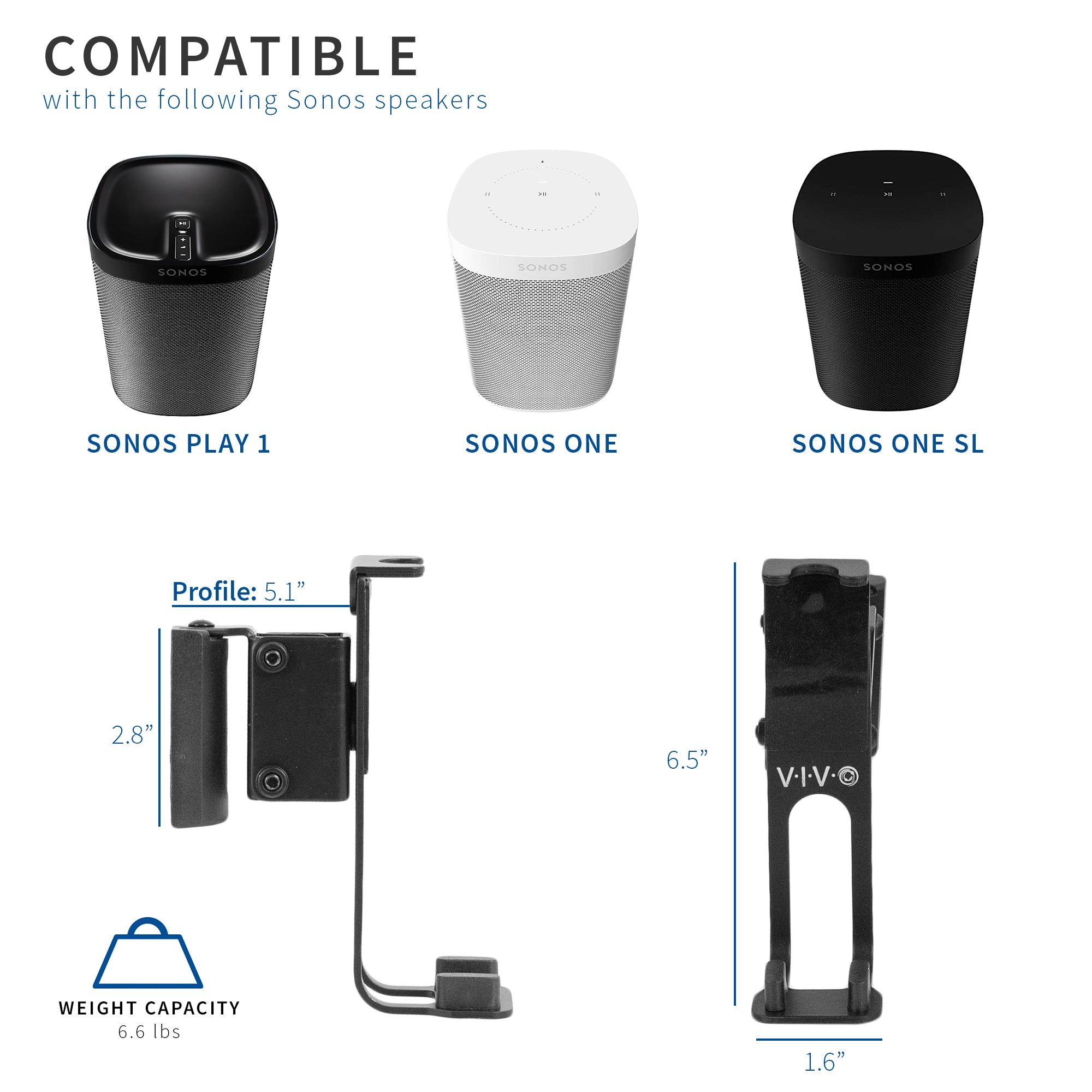 Compatible Sonos speakers compatible with mount includes Sonos Play 1, Sonos One, and Sonos One SL.