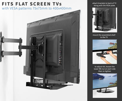 VESA attachable under the TV shelf is compatible with 75x75mm and 400x400mm patterns.