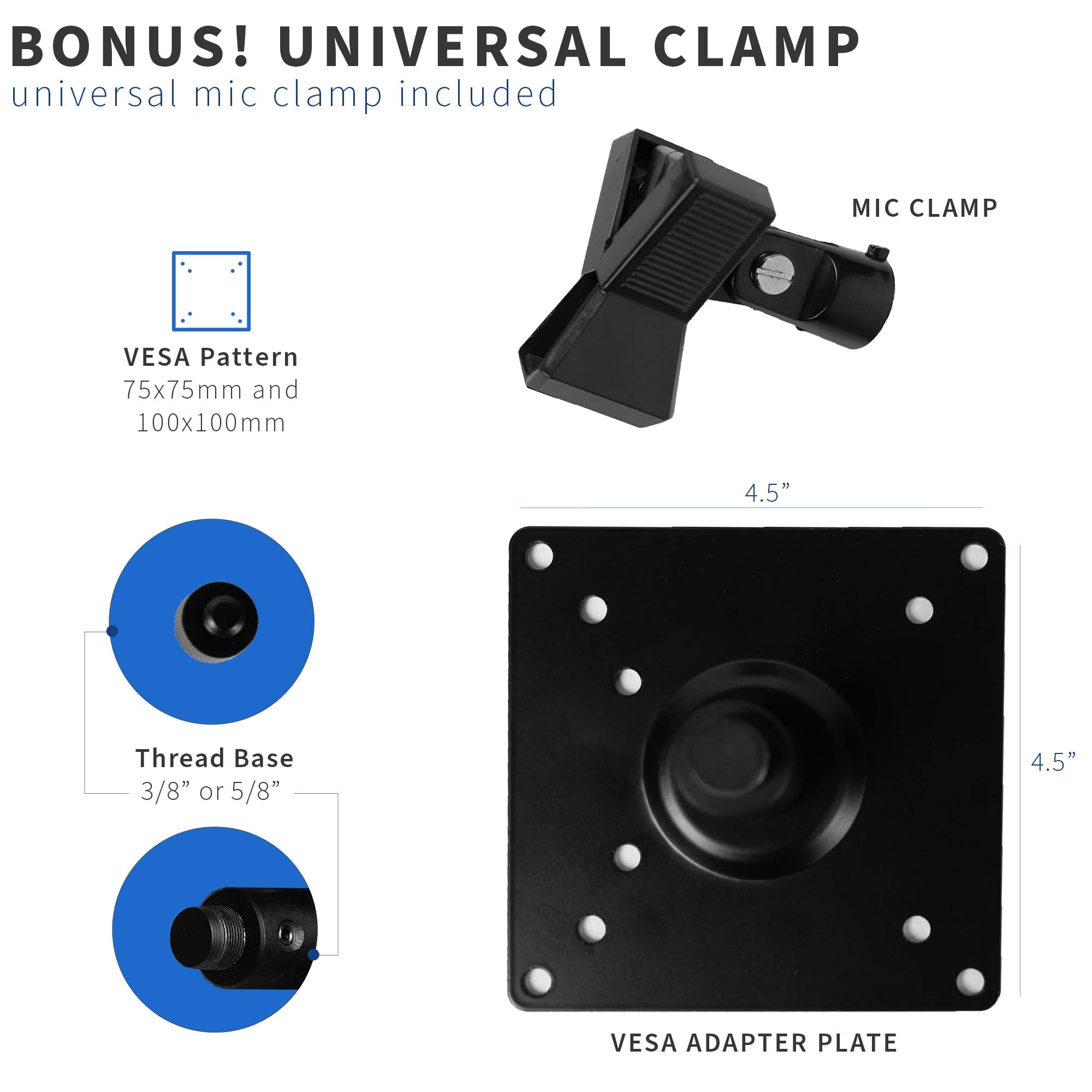 Flexible convenient desktop workstation microphone mount VESA adapter kit with universal clamp design.