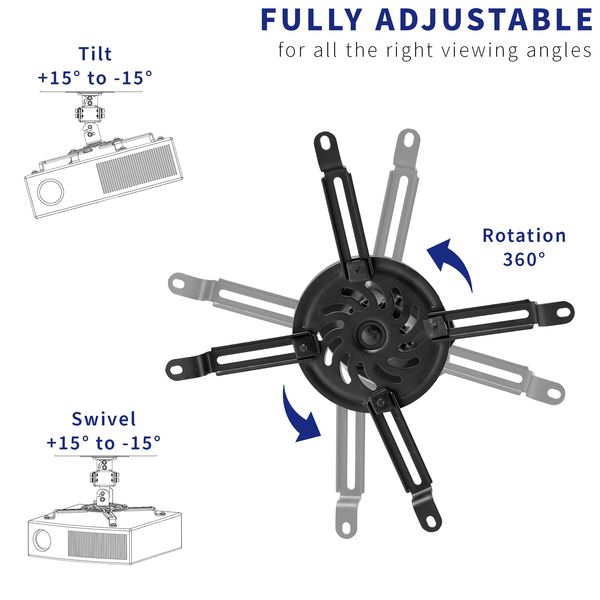 Fully adjustable ceiling mount for projectors.