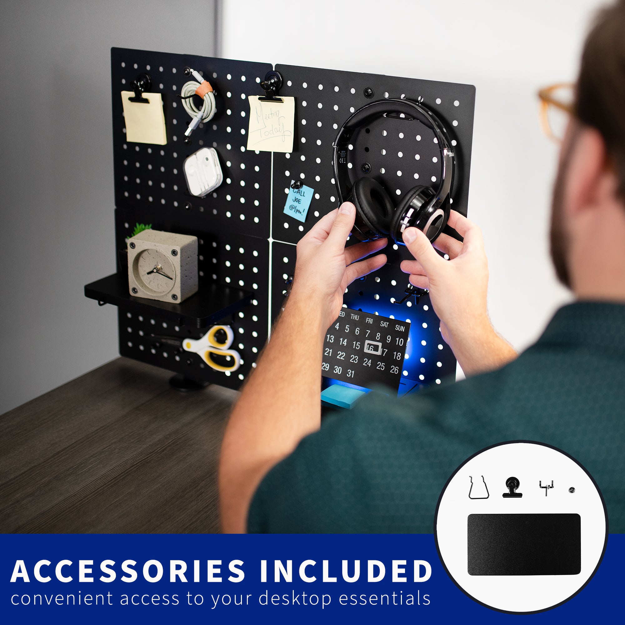 Pegboard organizing desk and office space by elevating and making a designated space for smaller items.