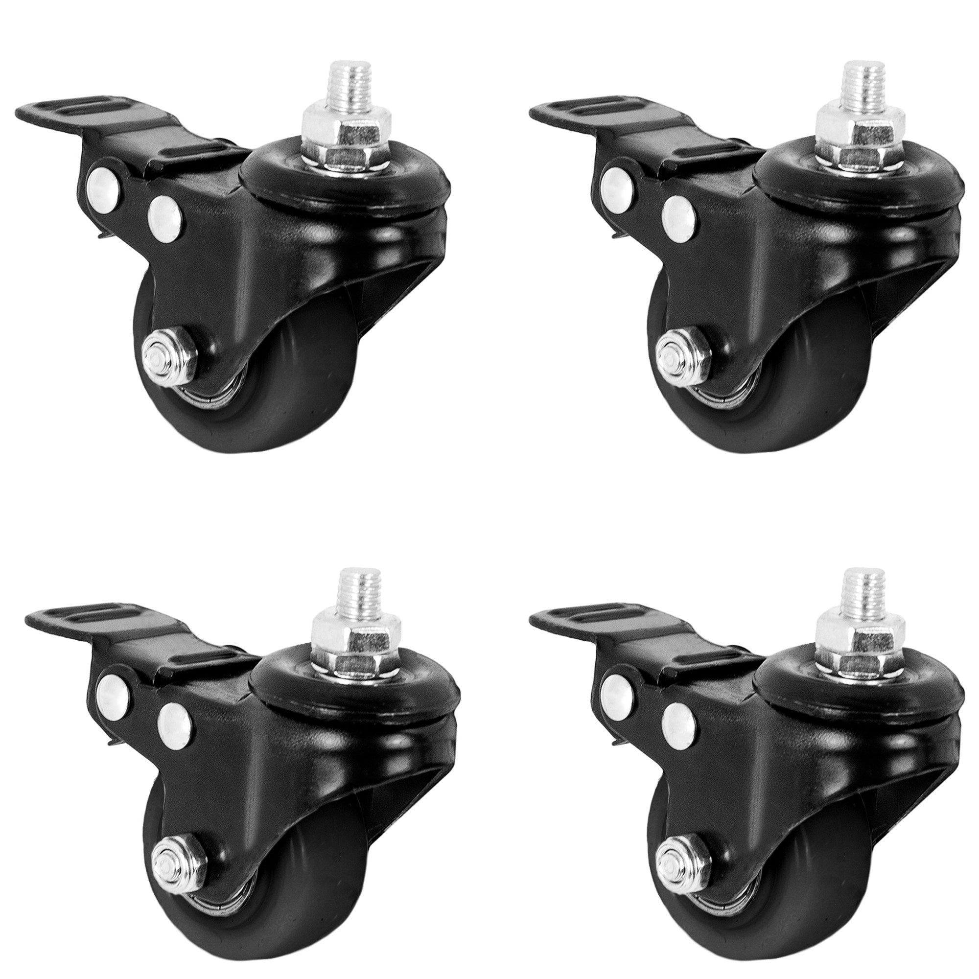 Four black locking caster wheels.