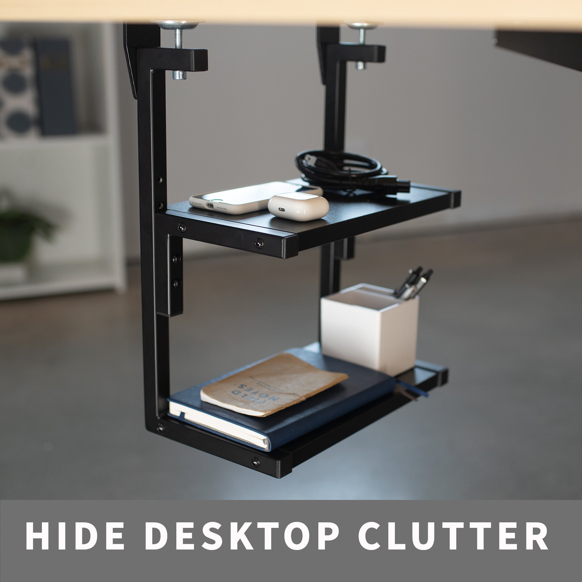 Sleek above desk or below desk clamp-on shelf with two shelves for convenient storage and organization. Lower shelf height adjusts and is removable.