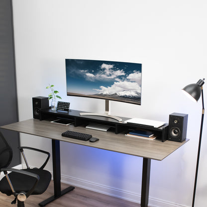 Desktop monitor riser for multiple monitors and comfortable display viewing.