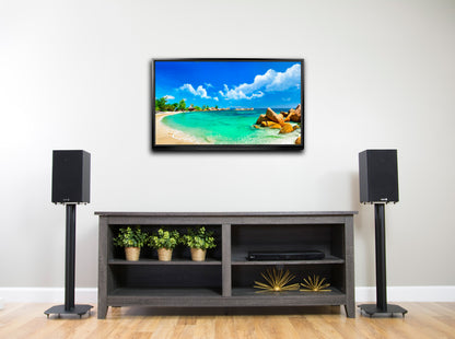 Black surround sound speaker stands.