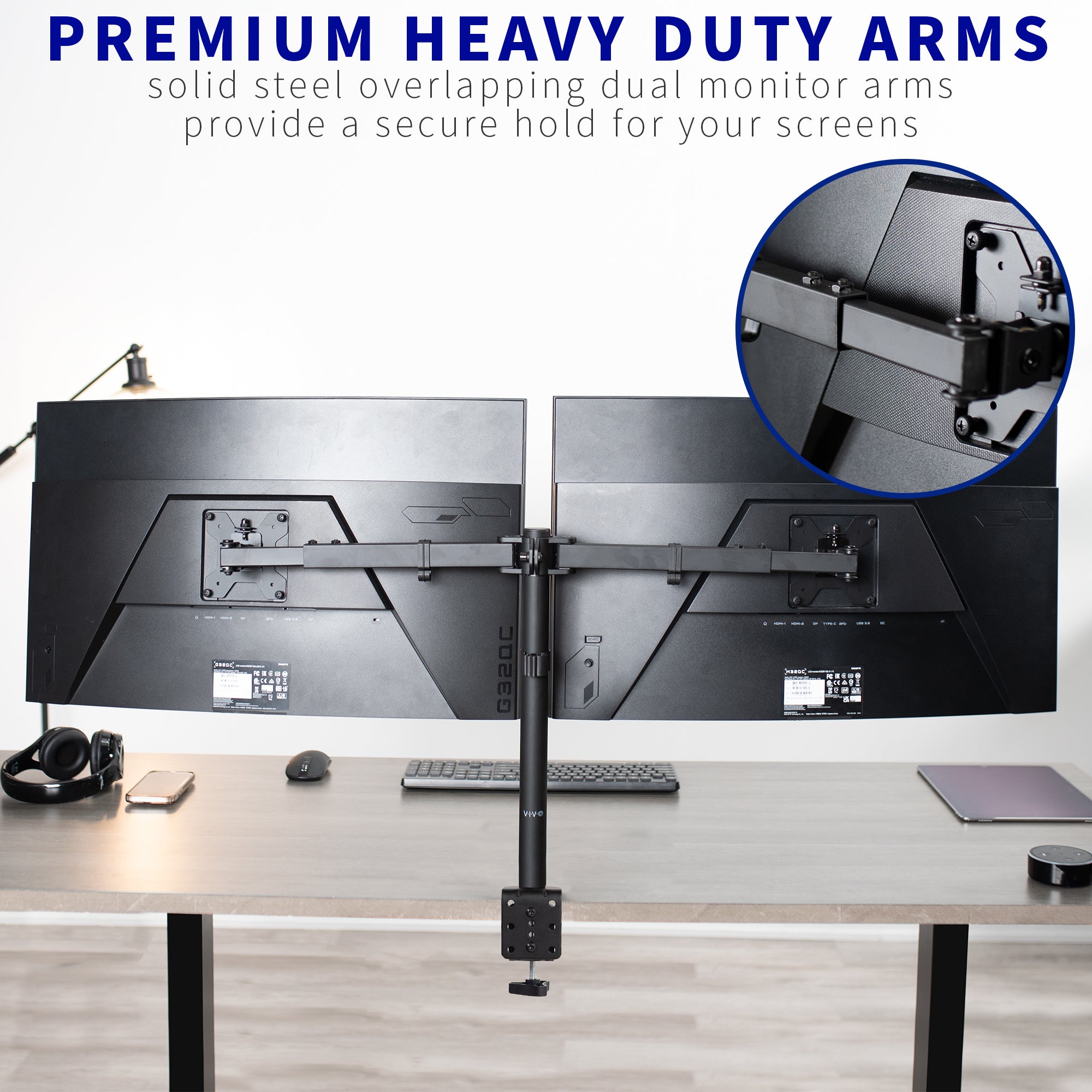 Sturdy adjustable telescoping arms for dual computer monitors.