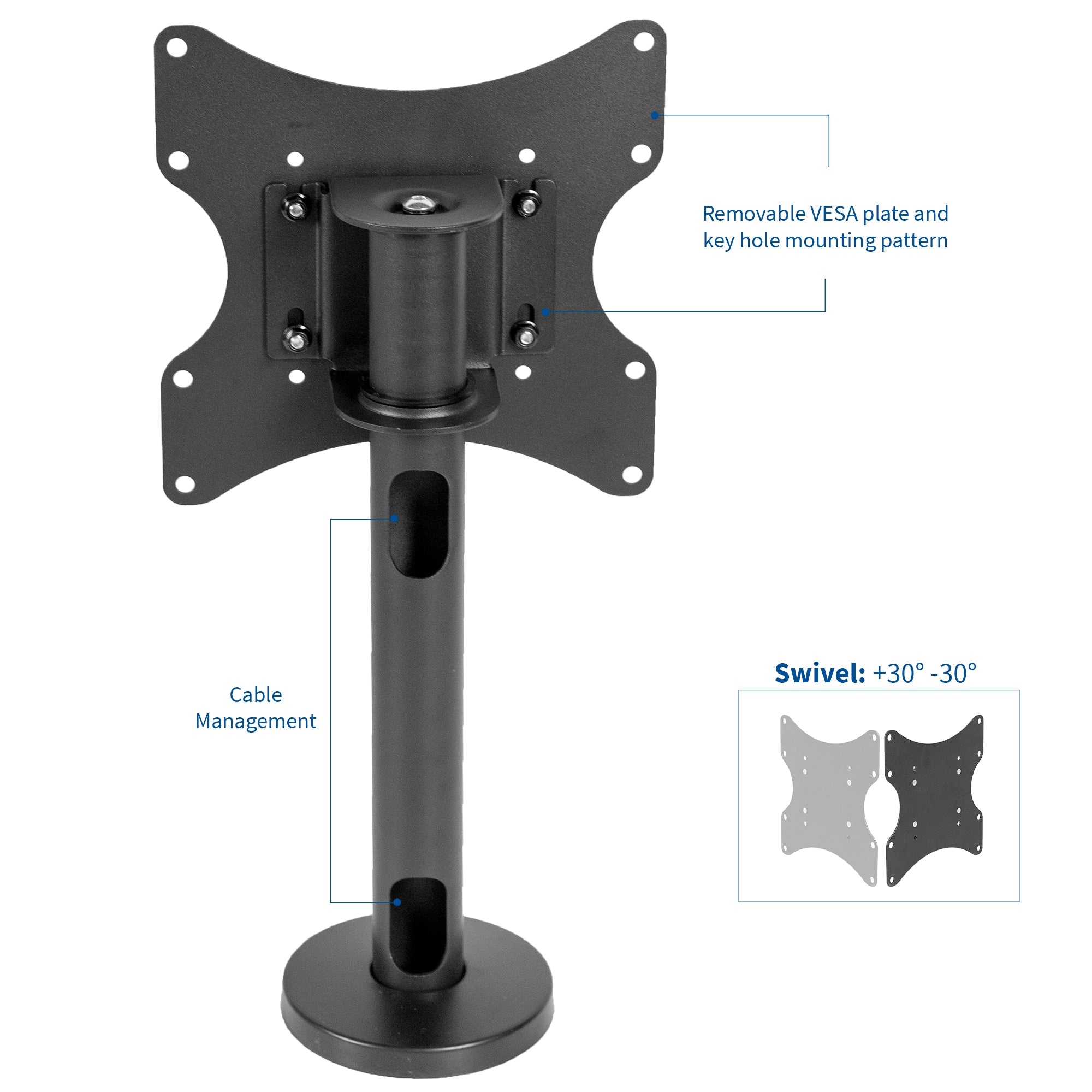 Standard removable VESA plate of a bolt-down TV mount with cable management.