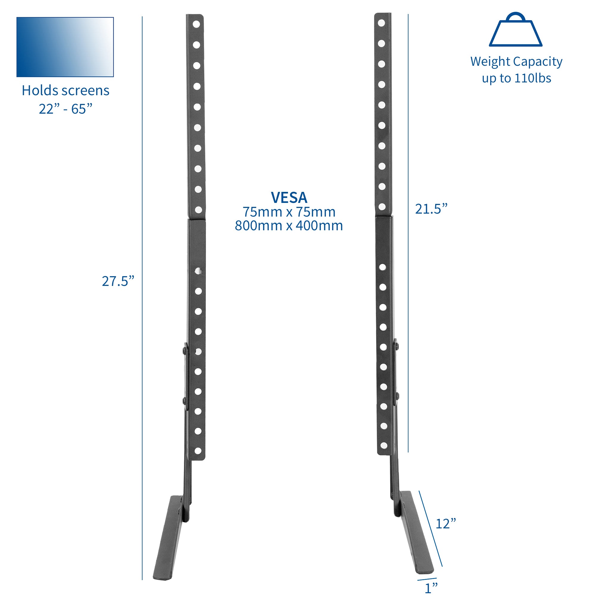 Heavy Duty tabletop TV stand with ranging VESA patterns fitting most 22 to 65-inch screens on the market.