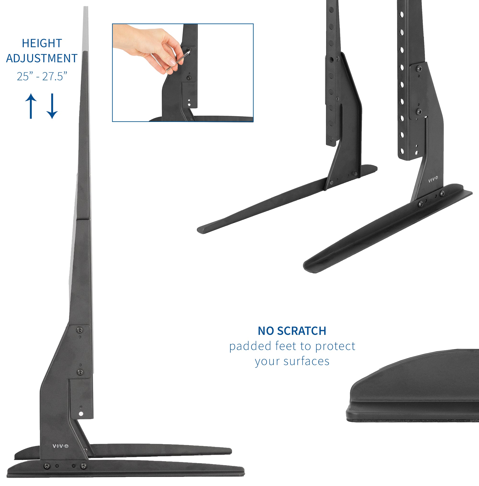 Tabletop TV stand with height adjustment and anti-scratch padded feet.