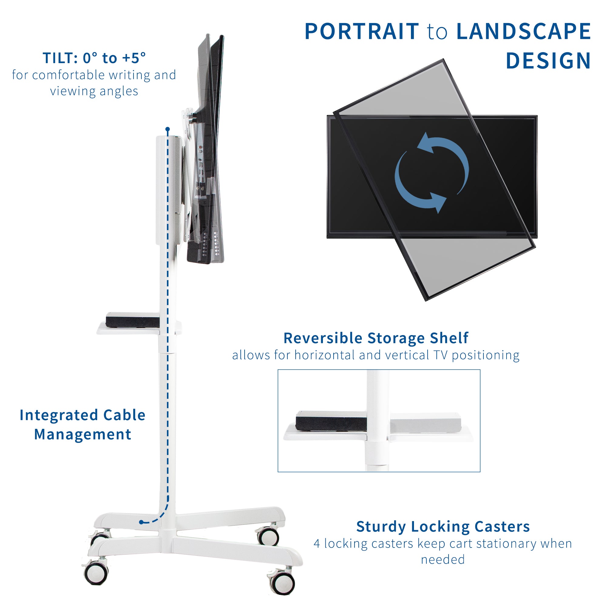 TV stand that features four sturdy locking Caster wheels, reversible storage shelf, tilt, and integrated cable management.