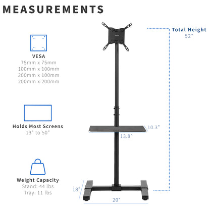 Sturdy height adjustable TV stand with utility shelf and universal VESA design.