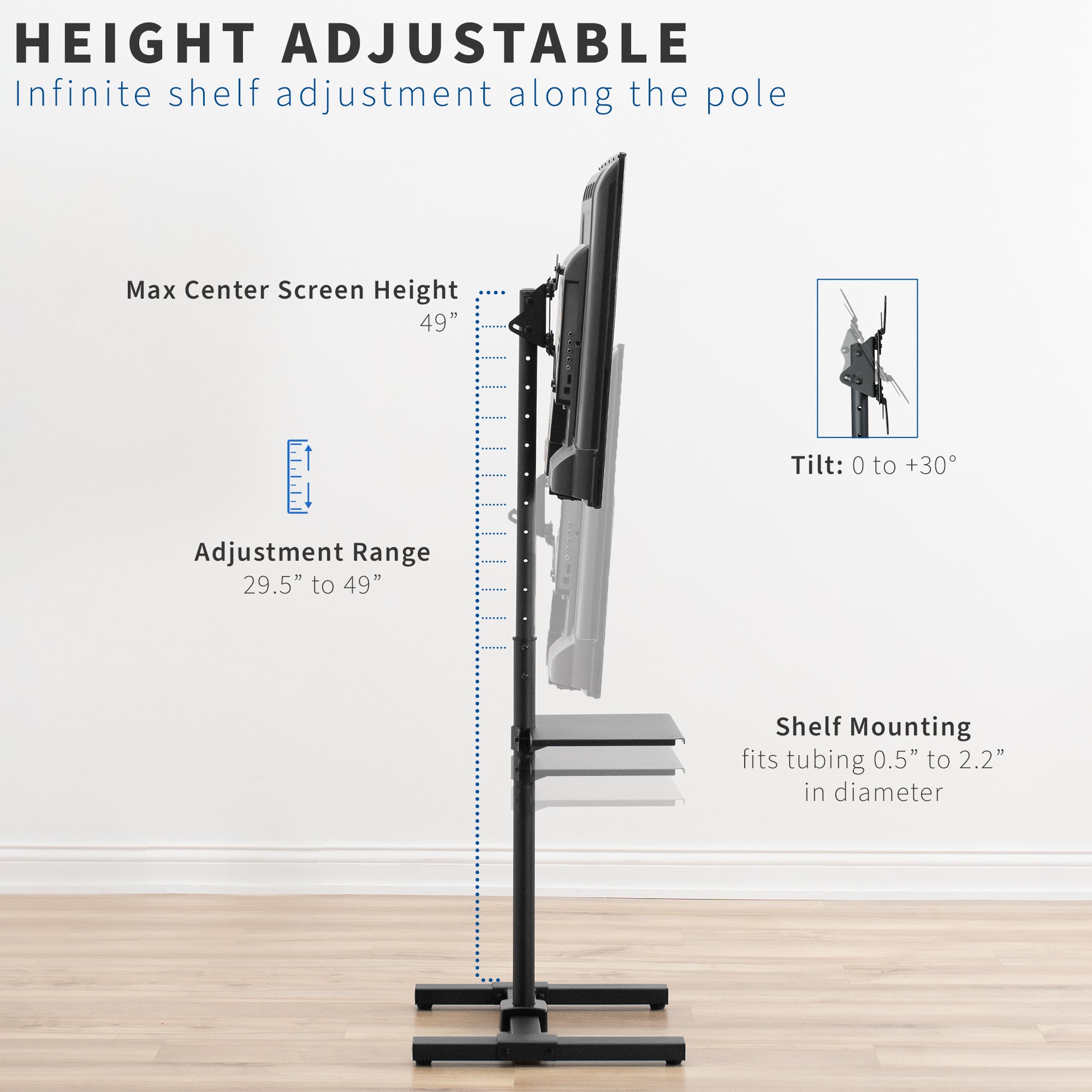 Sturdy height adjustable TV stand with utility shelf and tilting capabilities.