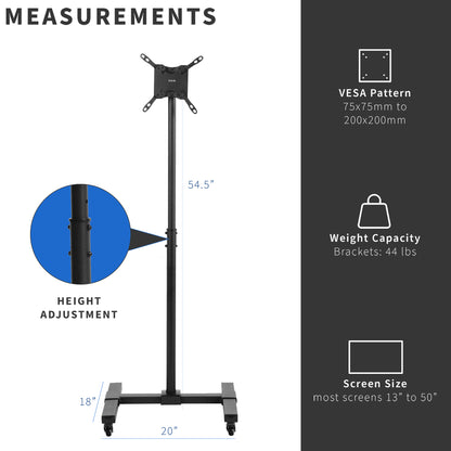 Sturdy mobile height adjustable TV cart with wheels.