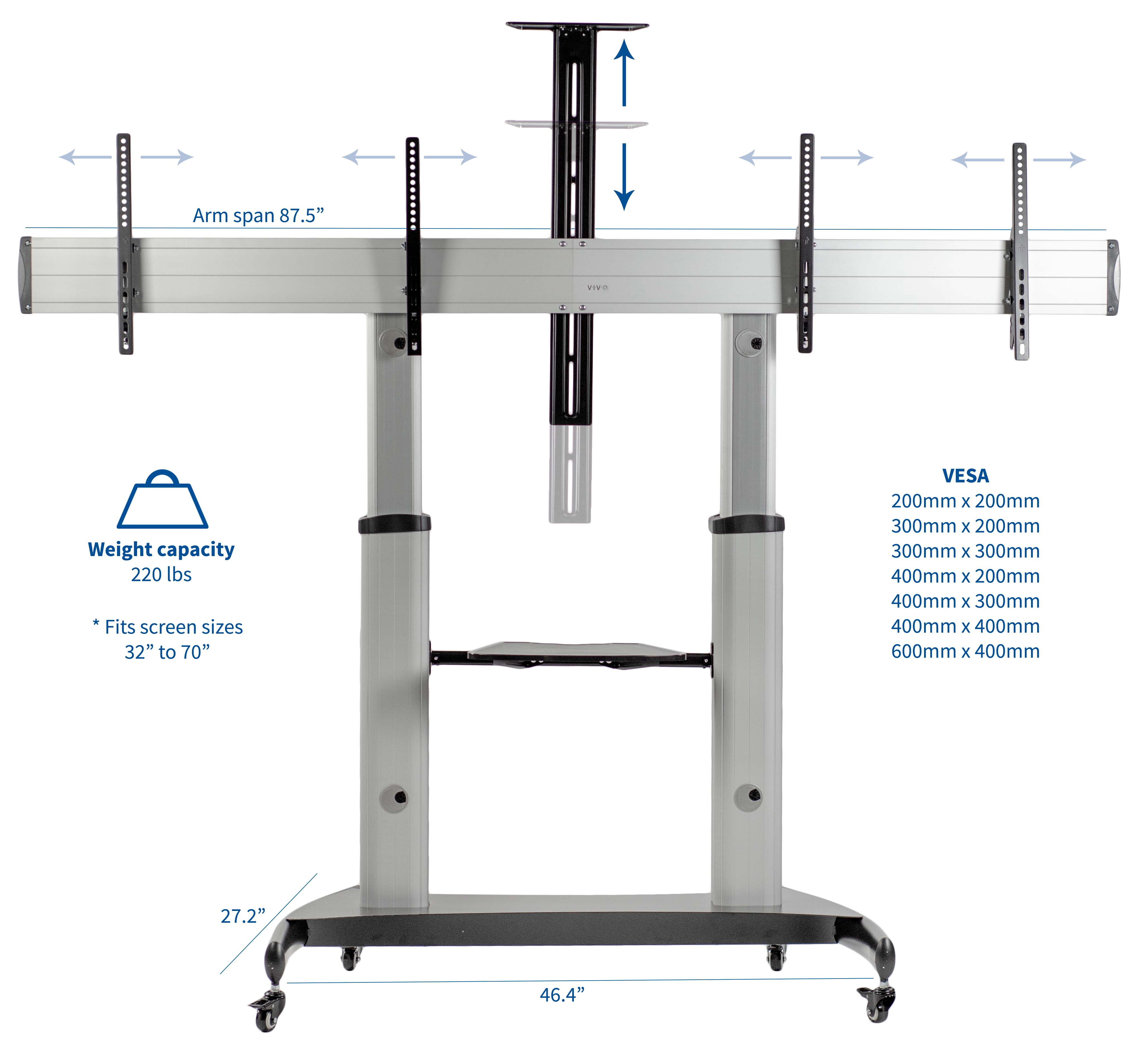 Mobile TV cart from VIVO that supports two TV screens side by side.