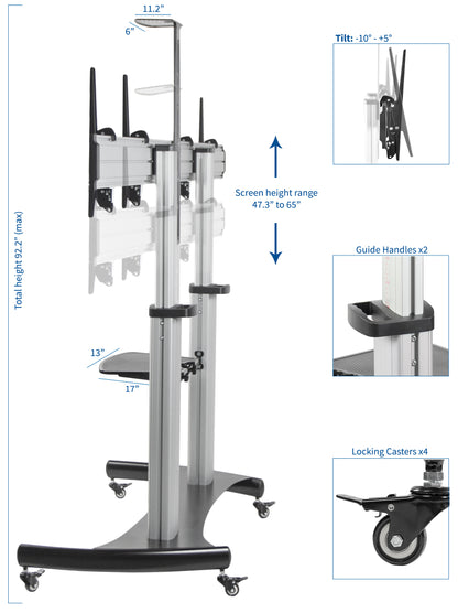 Adjustments and movement of the TV cart are made easy with guiding handels, tilts adjustment, and locking caster wheels.