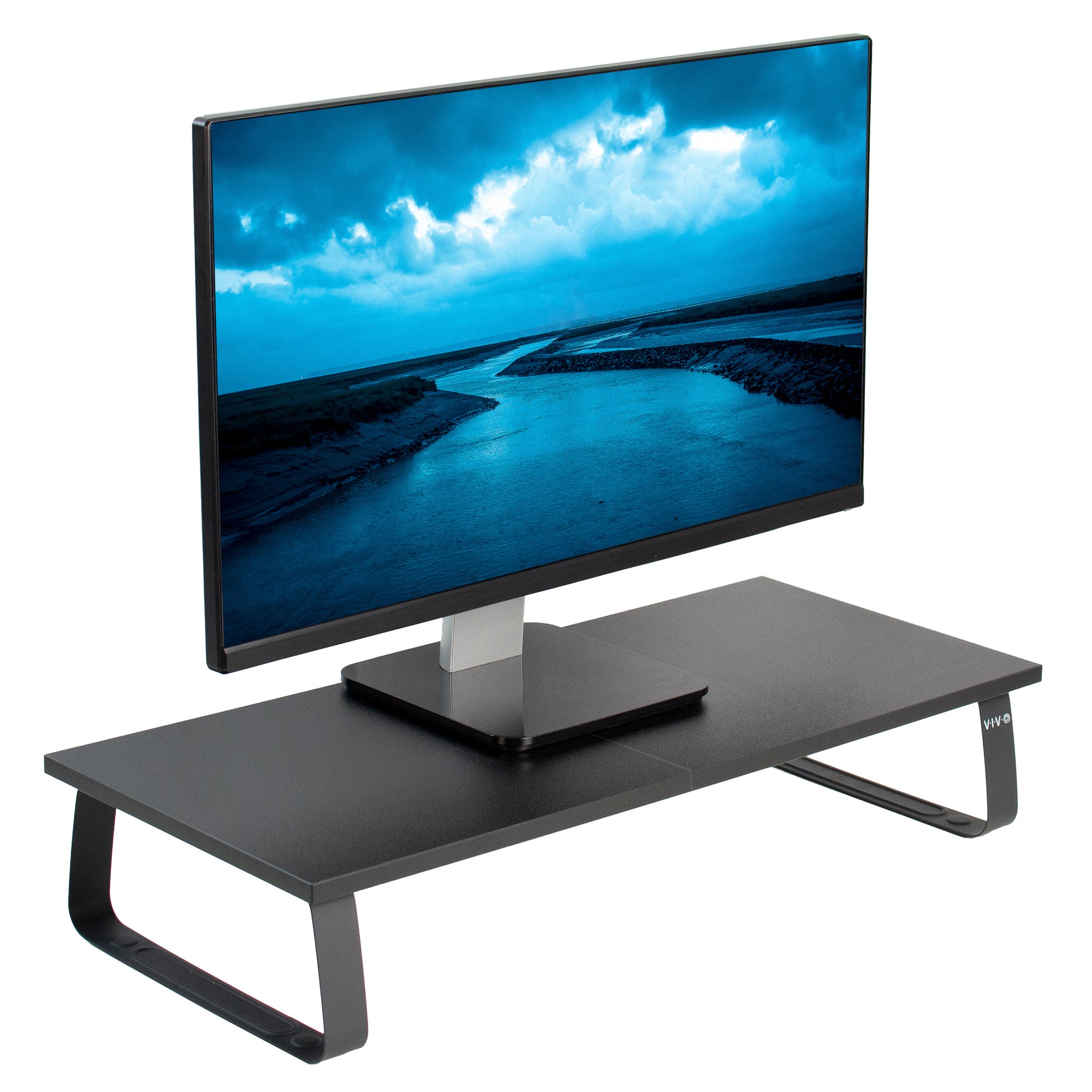 Sleek black top of desk monitor riser.