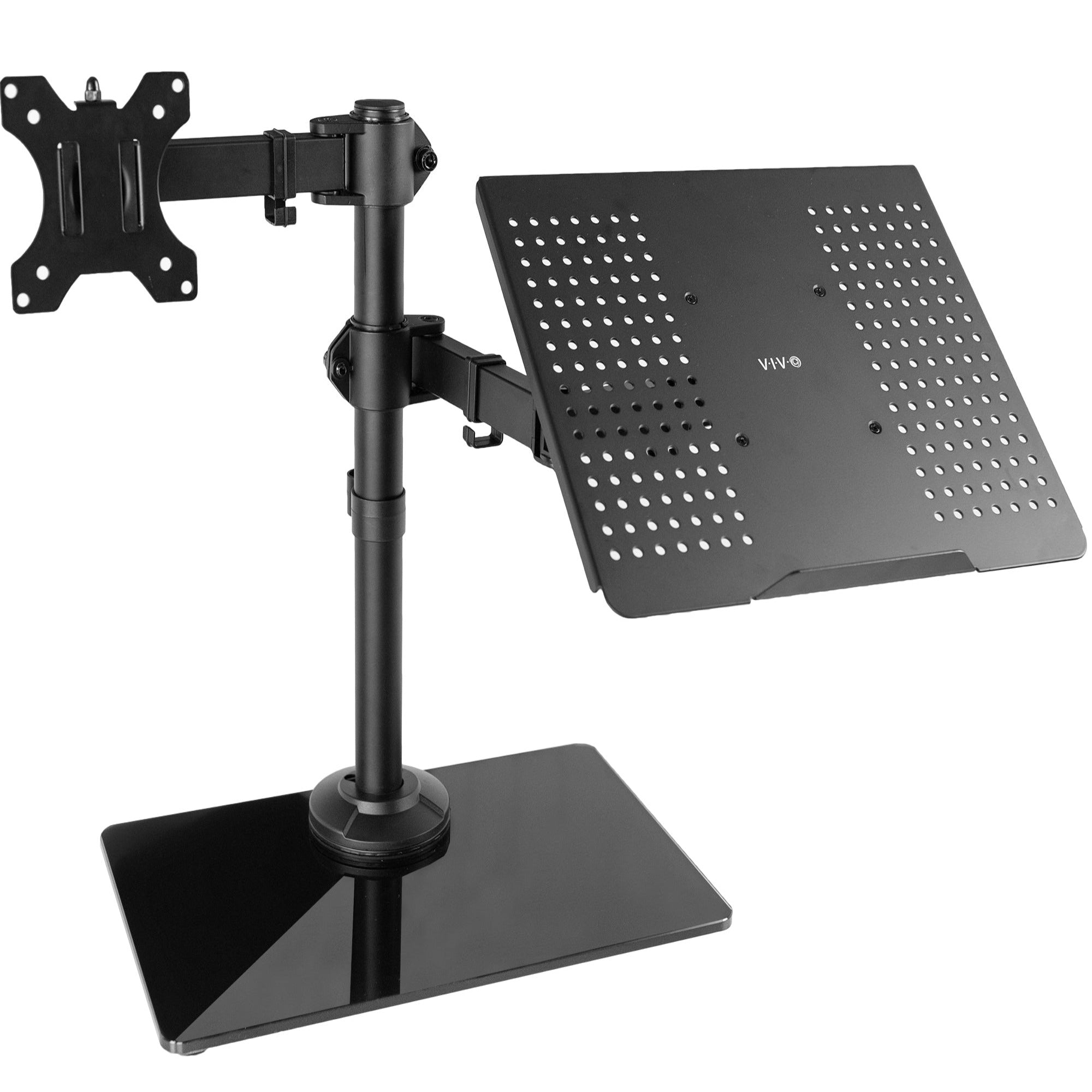 Freestanding monitor and laptop stand with elegant glass base for dual screen viewing and ergonomic placement.