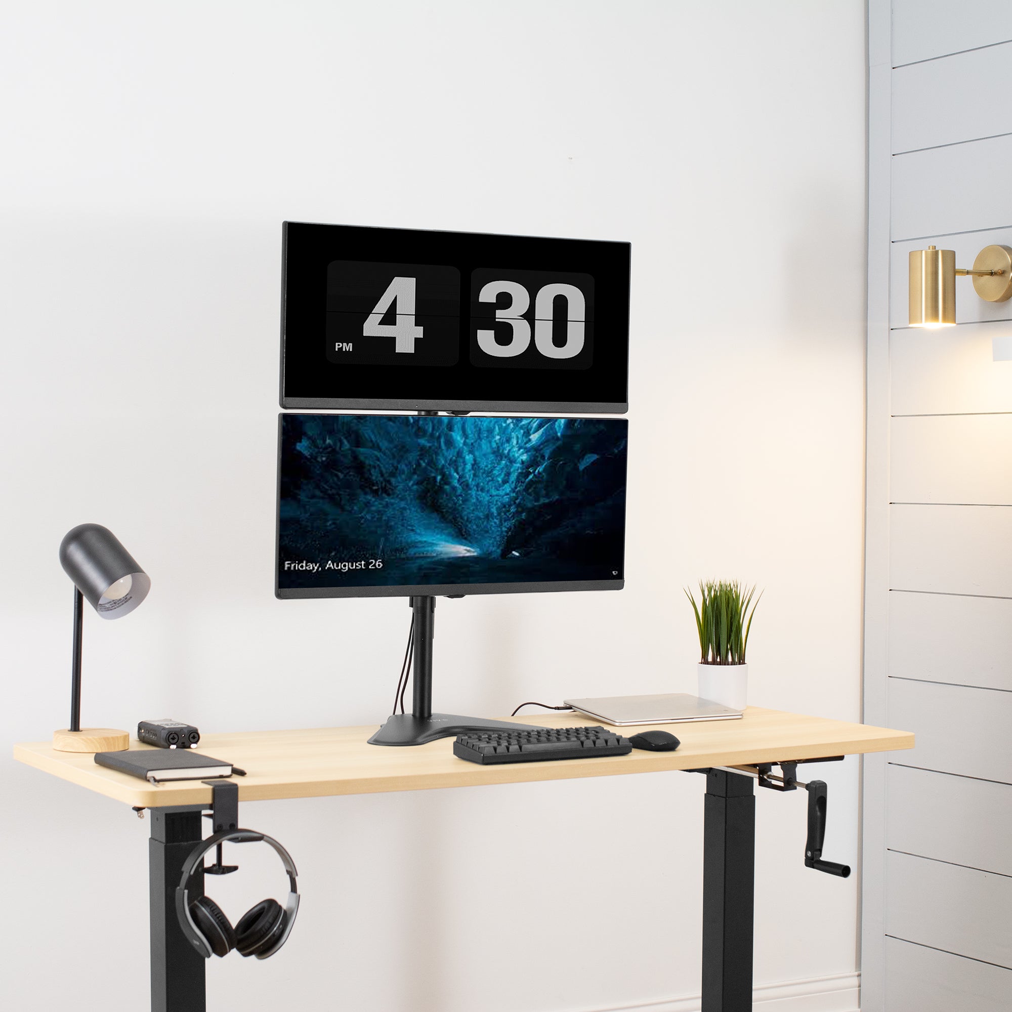 Sturdy dual monitor desk stand for stacked array.