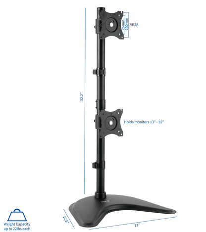 Sturdy adjustable vertical dual monitor ergonomic desk stand for office workstation.